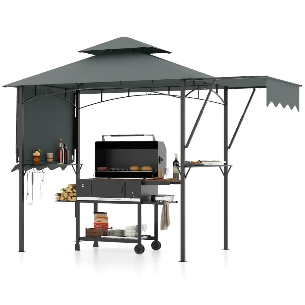 13 x 5 Feet Grill Gazebo with Dual Side Awnings and 2 Shelves Adjustable Shadow-Gray - Gray - Gazebos