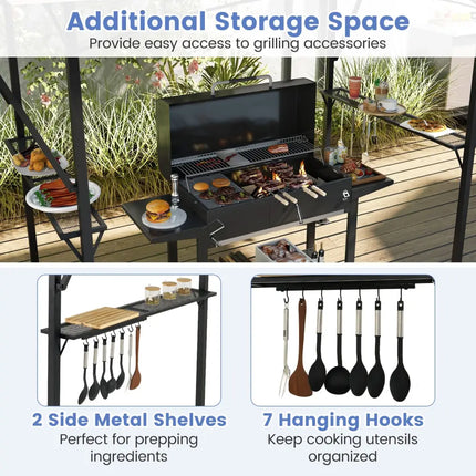 13 x 5 Feet Grill Gazebo with Dual Side Awnings and 2 Shelves Adjustable Shadow-Gray - Gray - Gazebos