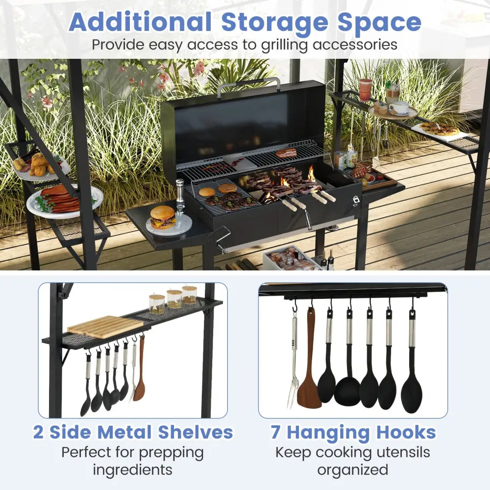 13 x 5 Feet Grill Gazebo with Dual Side Awnings and 2 Shelves Adjustable Shadow-Gray - Gray - Gazebos
