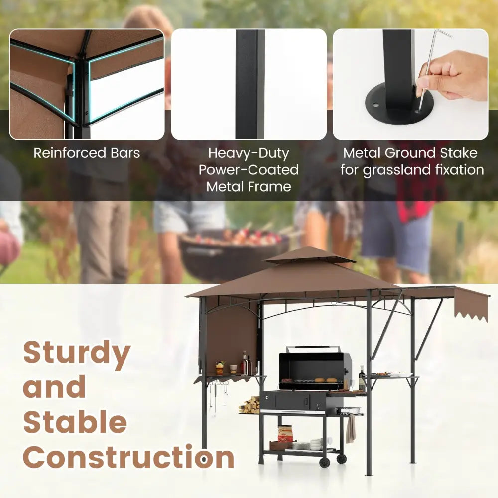 13 x 5 Feet Grill Gazebo with Dual Side Awnings and 2 Shelves Adjustable Shadow-Coffee - Coffee - Gazebos