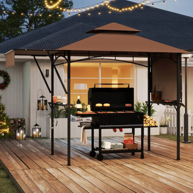13 x 5 Feet Grill Gazebo with Dual Side Awnings and 2 Shelves Adjustable Shadow-Coffee - Coffee - Gazebos