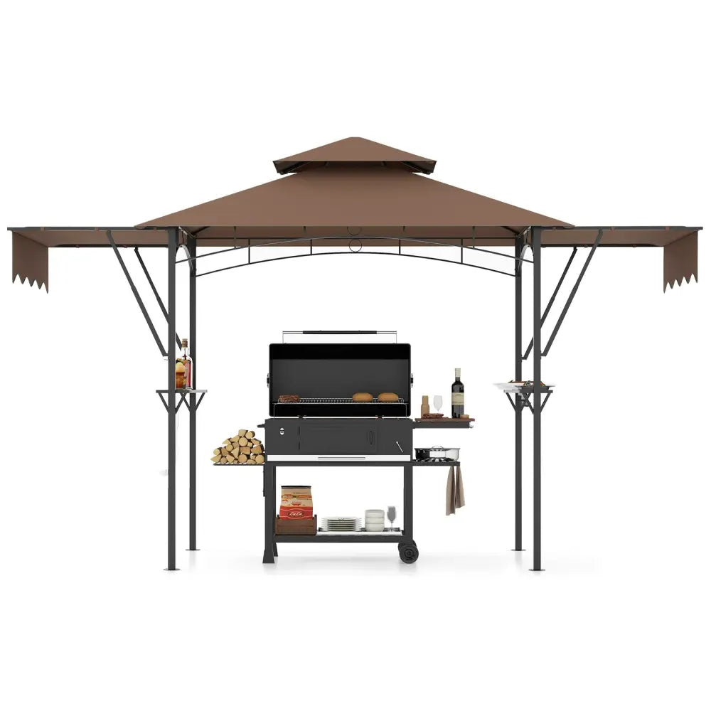 13 x 5 Feet Grill Gazebo with Dual Side Awnings and 2 Shelves Adjustable Shadow-Coffee - Coffee - Gazebos
