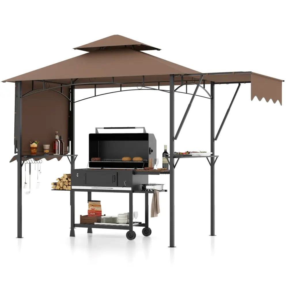 13 x 5 Feet Grill Gazebo with Dual Side Awnings and 2 Shelves Adjustable Shadow-Coffee - Coffee - Gazebos