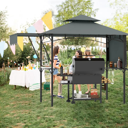 13 x 5 Feet Grill Gazebo with Dual Side Awnings and 2 Shelves Adjustable Shadow-Gray - Gray - Gazebos