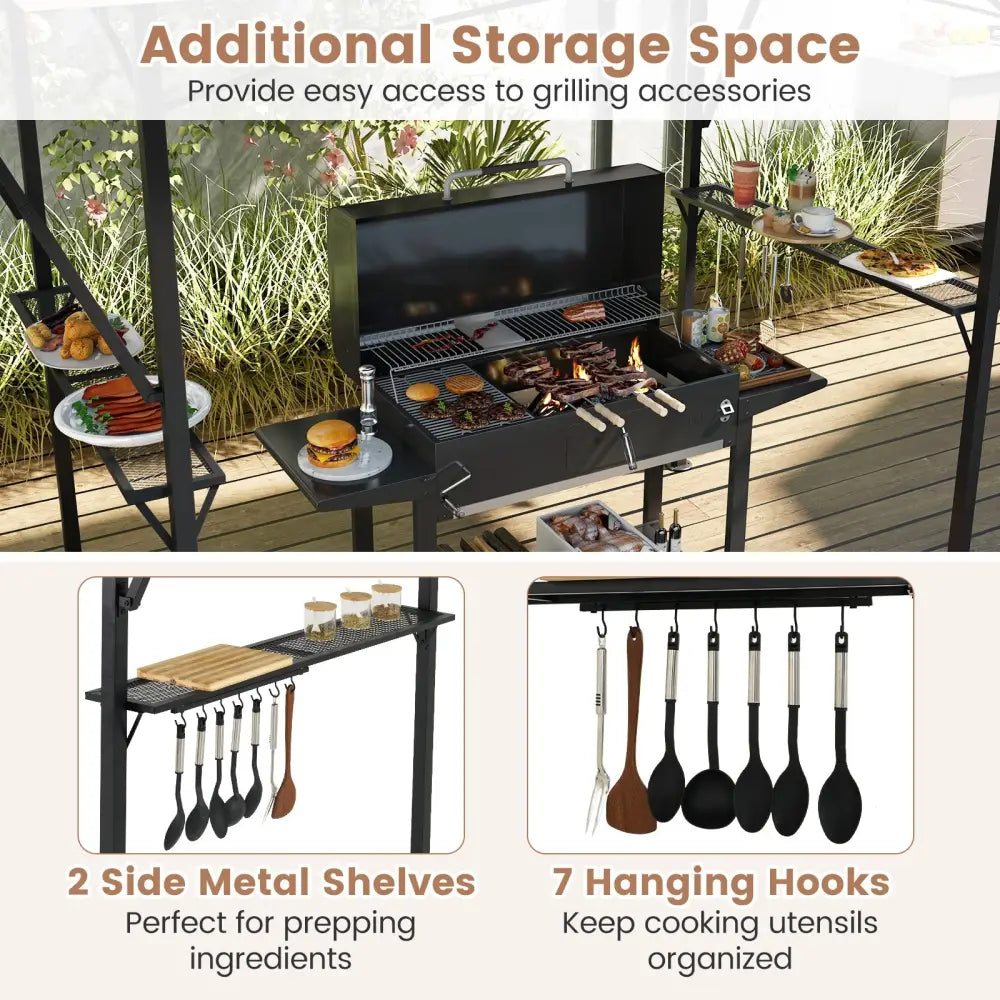13 x 5 Feet Grill Gazebo with Dual Side Awnings and 2 Shelves Adjustable Shadow-Coffee - Coffee - Gazebos