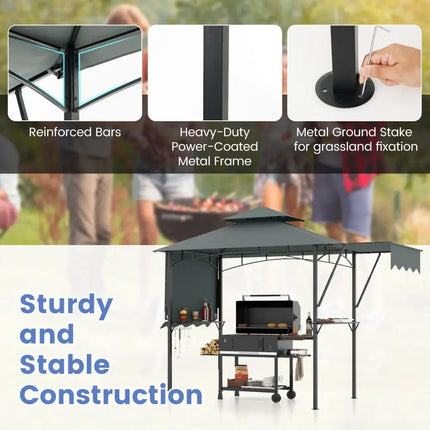 13 x 5 Feet Grill Gazebo with Dual Side Awnings and 2 Shelves Adjustable Shadow-Gray - Gray - Gazebos
