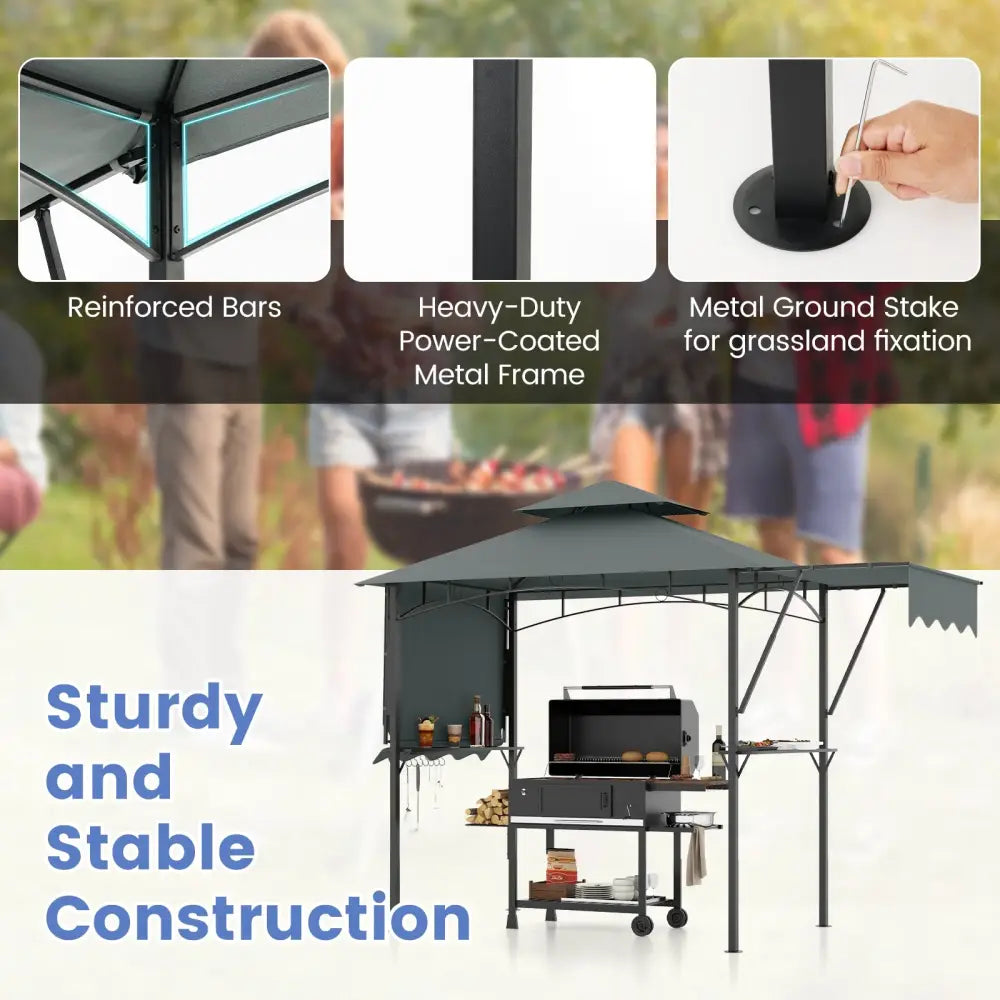 13 x 5 Feet Grill Gazebo with Dual Side Awnings and 2 Shelves Adjustable Shadow-Gray - Gray - Gazebos