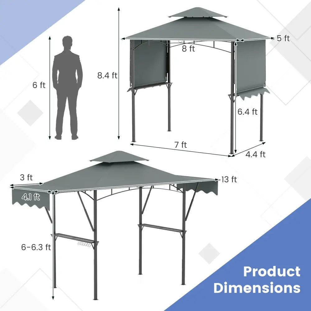 13 x 5 Feet Grill Gazebo with Dual Side Awnings and 2 Shelves Adjustable Shadow-Gray - Gray - Gazebos