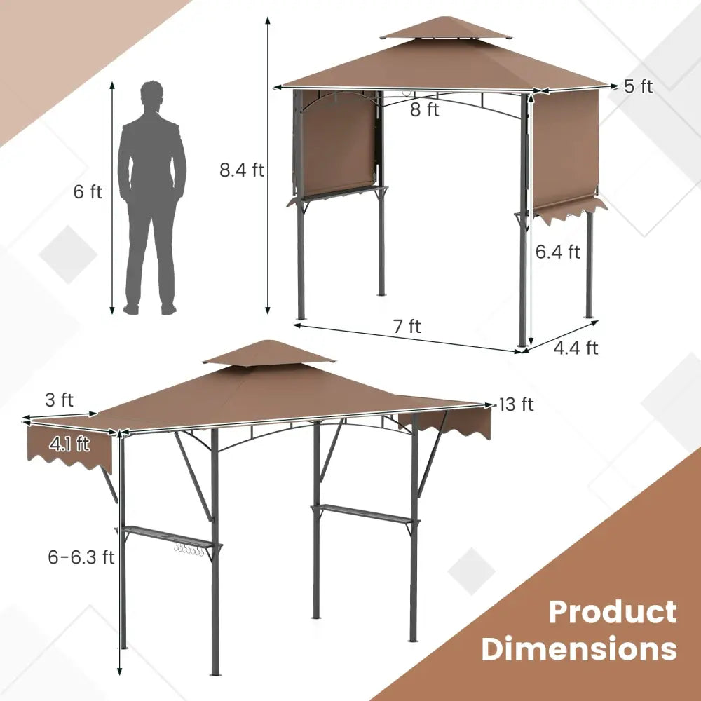 13 x 5 Feet Grill Gazebo with Dual Side Awnings and 2 Shelves Adjustable Shadow-Coffee - Coffee - Gazebos