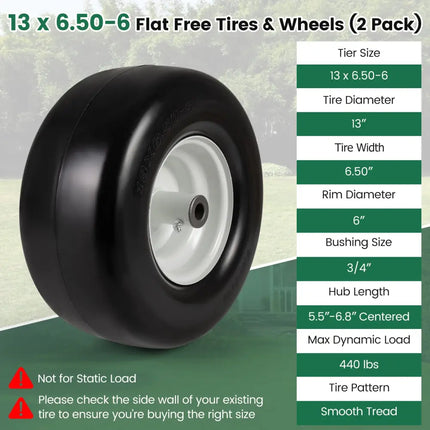 13 x 6.50-6 Flat Free Tires and Wheels 2 Pack Solid Rubber Tires-White - White - Garden Tools