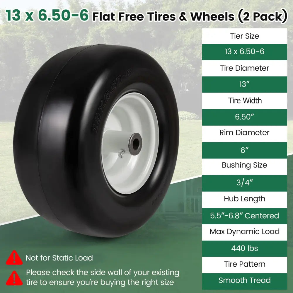 13 x 6.50-6 Flat Free Tires and Wheels 2 Pack Solid Rubber Tires-White - White - Garden Tools