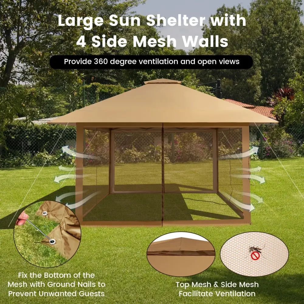 13 x 13 Feet Pop-up Instant Canopy Tent with Mesh Sidewall-Coffee - Coffee - Gazebos