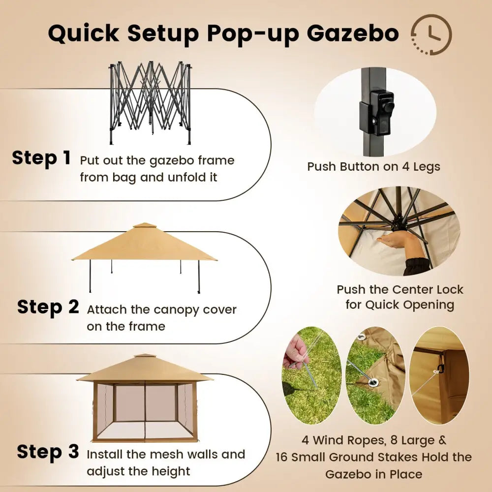 13 x 13 Feet Pop-up Instant Canopy Tent with Mesh Sidewall-Coffee - Coffee - Gazebos