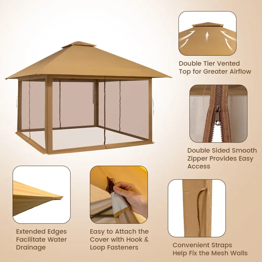 13 x 13 Feet Pop-up Instant Canopy Tent with Mesh Sidewall-Coffee - Coffee - Gazebos