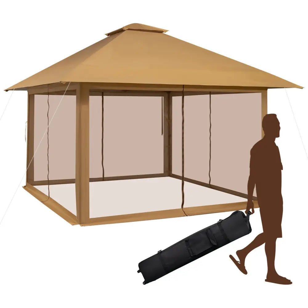 13 x 13 Feet Pop-up Instant Canopy Tent with Mesh Sidewall-Coffee - Coffee - Gazebos
