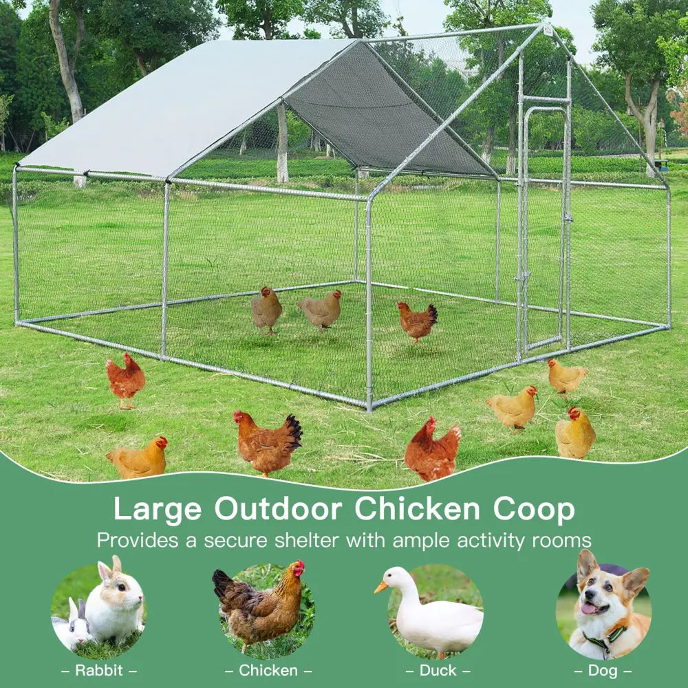 13 x 13 Feet Walk-in Chicken Coop with Waterproof Cover for Outdoor Backyard Farm - White - Chicken Coops