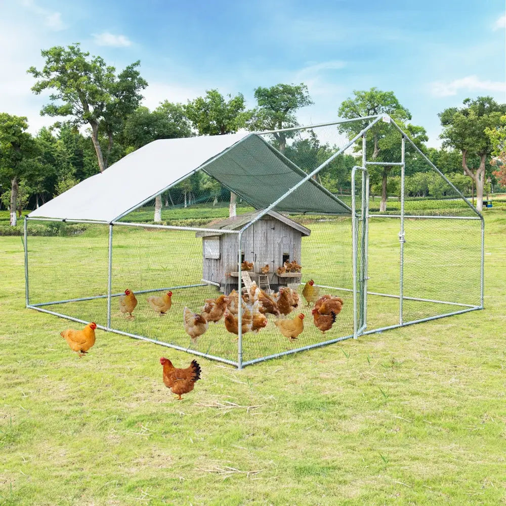 13 x 13 Feet Walk-in Chicken Coop with Waterproof Cover for Outdoor Backyard Farm - White - Chicken Coops