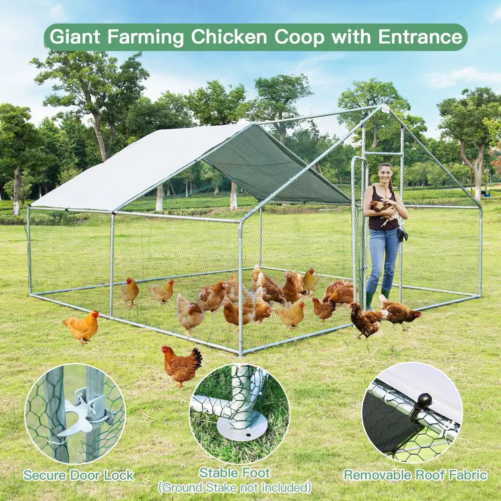 13 x 13 Feet Walk-in Chicken Coop with Waterproof Cover for Outdoor Backyard Farm - White - Chicken Coops