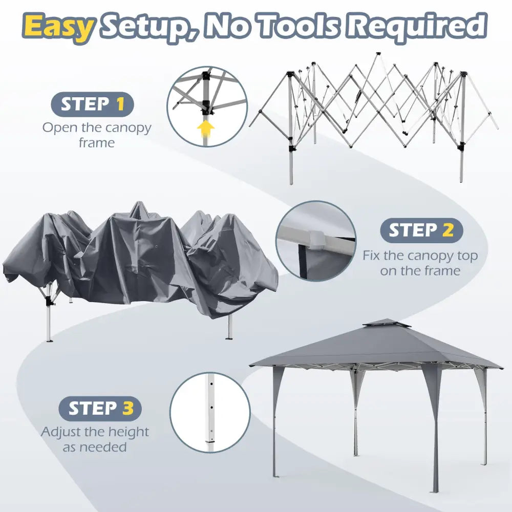 13 X 13 FT Pop up Gazebo with Portable Carrying Bag 8 Stakes and 4 Wind Ropes-Gray - Gray - Gazebos