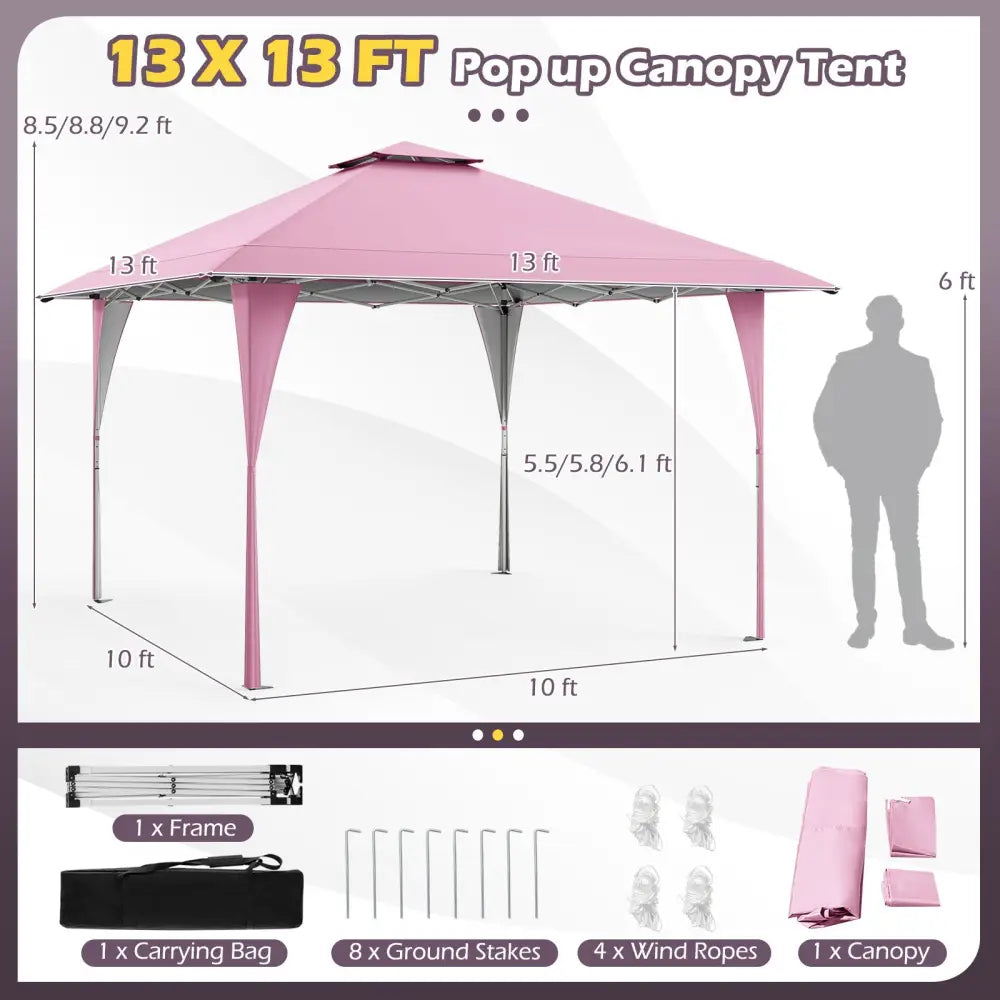 13 X 13 FT Pop up Gazebo with Portable Carrying Bag 8 Stakes and 4 Wind Ropes-Pink - Pink - Gazebos