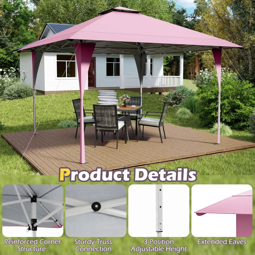 13 X 13 FT Pop up Gazebo with Portable Carrying Bag 8 Stakes and 4 Wind Ropes-Pink - Pink - Gazebos