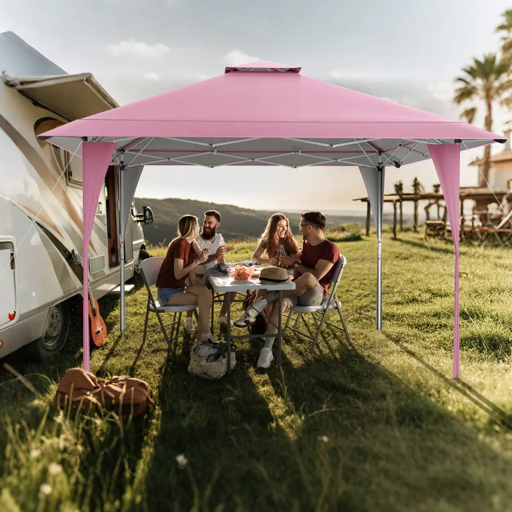 13 X 13 FT Pop up Gazebo with Portable Carrying Bag 8 Stakes and 4 Wind Ropes-Pink - Pink - Gazebos