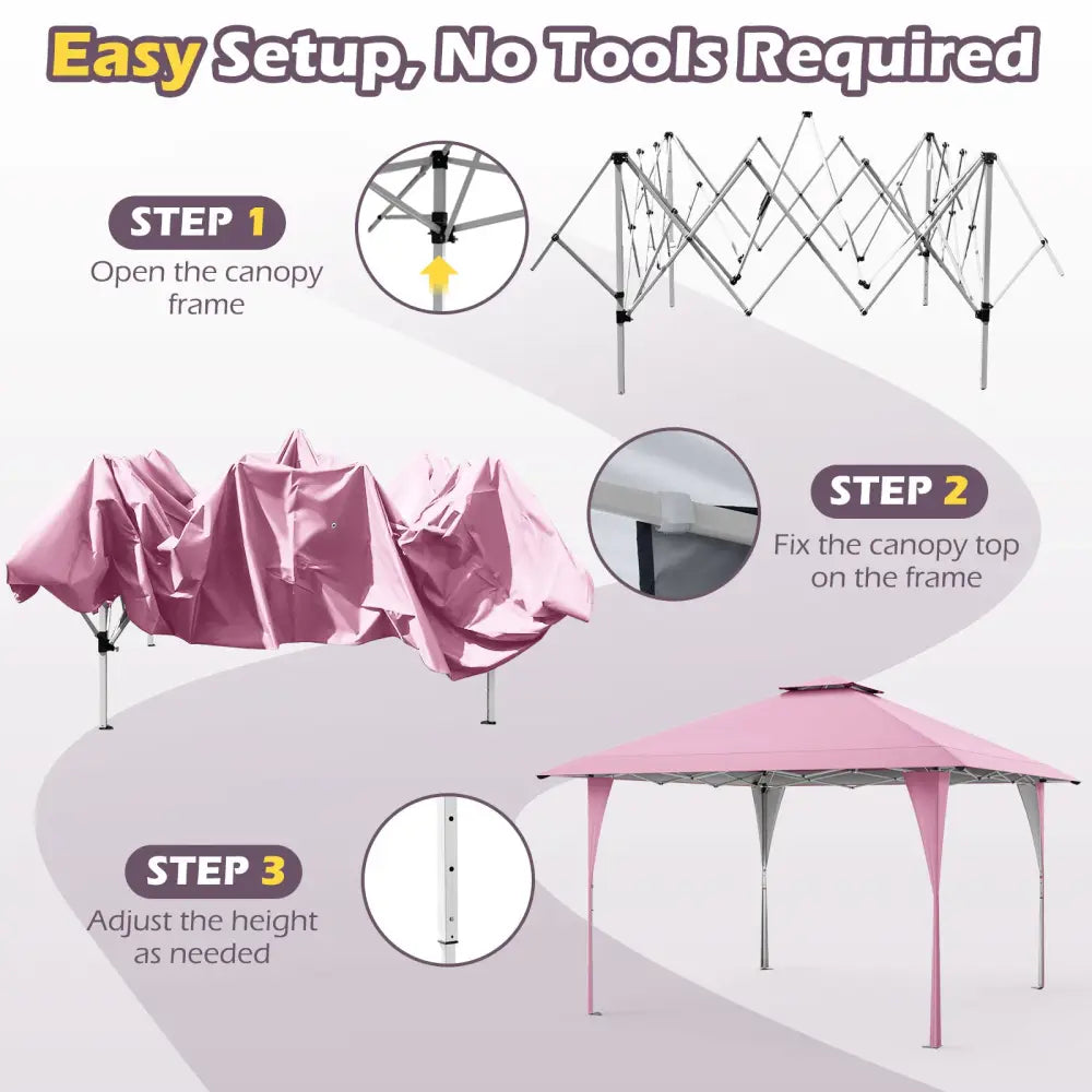 13 X 13 FT Pop up Gazebo with Portable Carrying Bag 8 Stakes and 4 Wind Ropes-Pink - Pink - Gazebos