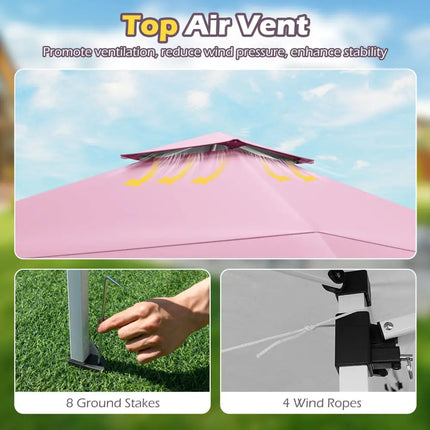 13 X 13 FT Pop up Gazebo with Portable Carrying Bag 8 Stakes and 4 Wind Ropes-Pink - Pink - Gazebos