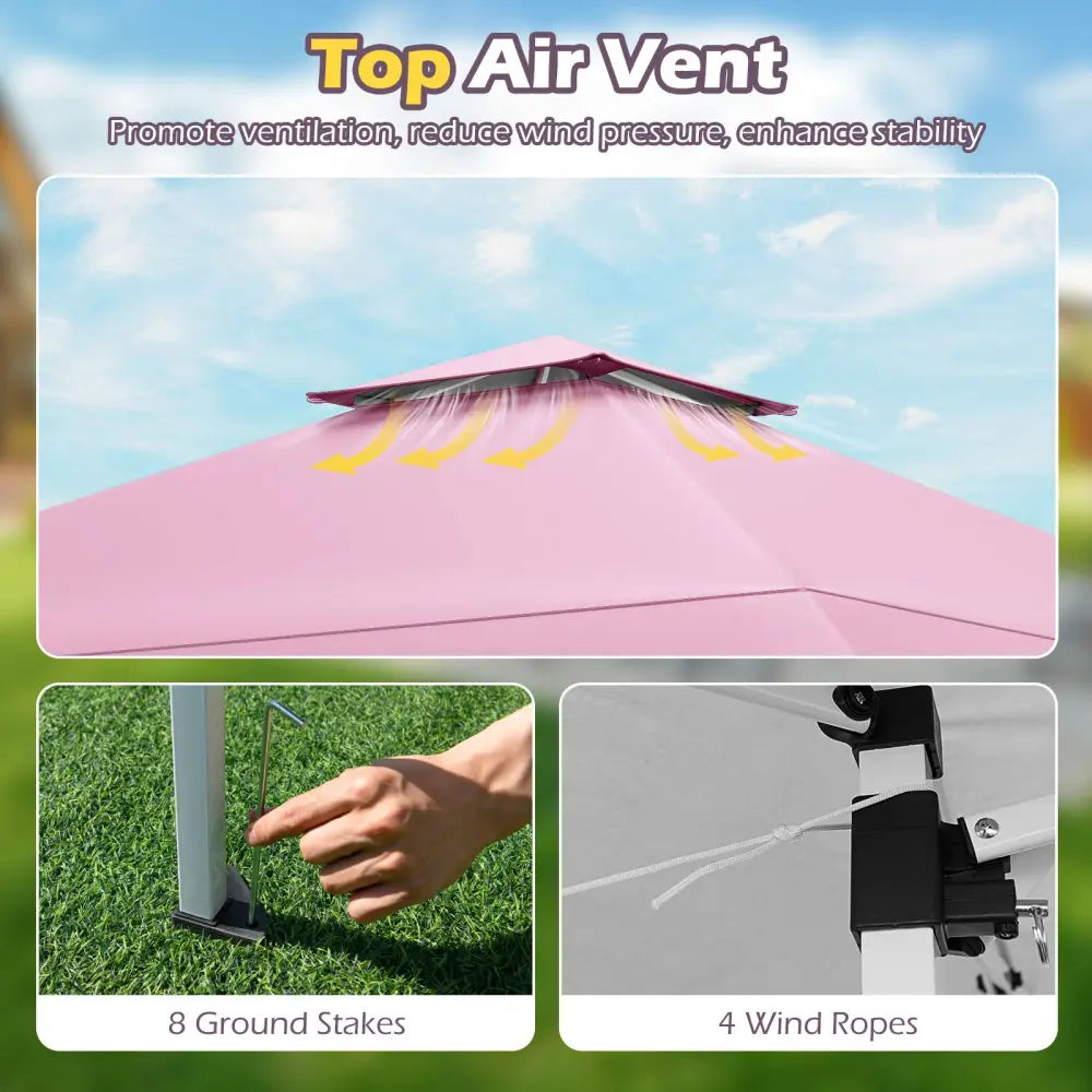 13 X 13 FT Pop up Gazebo with Portable Carrying Bag 8 Stakes and 4 Wind Ropes-Pink - Pink - Gazebos