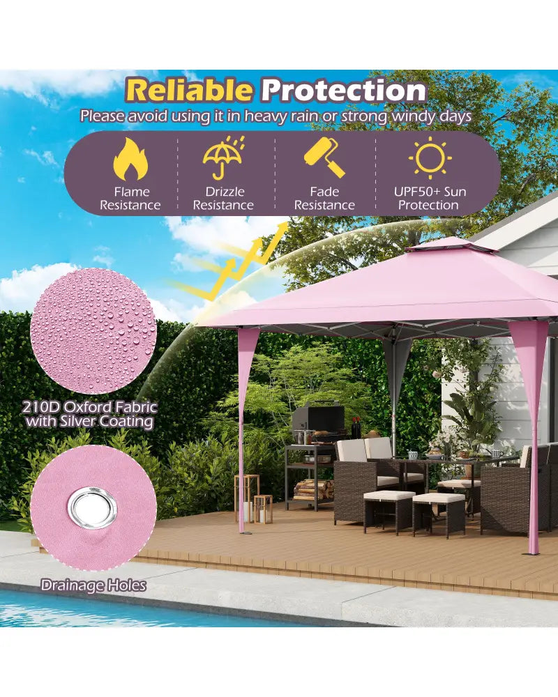 13 X 13 FT Pop up Gazebo with Portable Carrying Bag 8 Stakes and 4 Wind Ropes-Pink - Pink - Gazebos