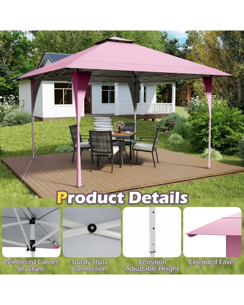 13 X 13 FT Pop up Gazebo with Portable Carrying Bag 8 Stakes and 4 Wind Ropes-Pink - Pink - Gazebos