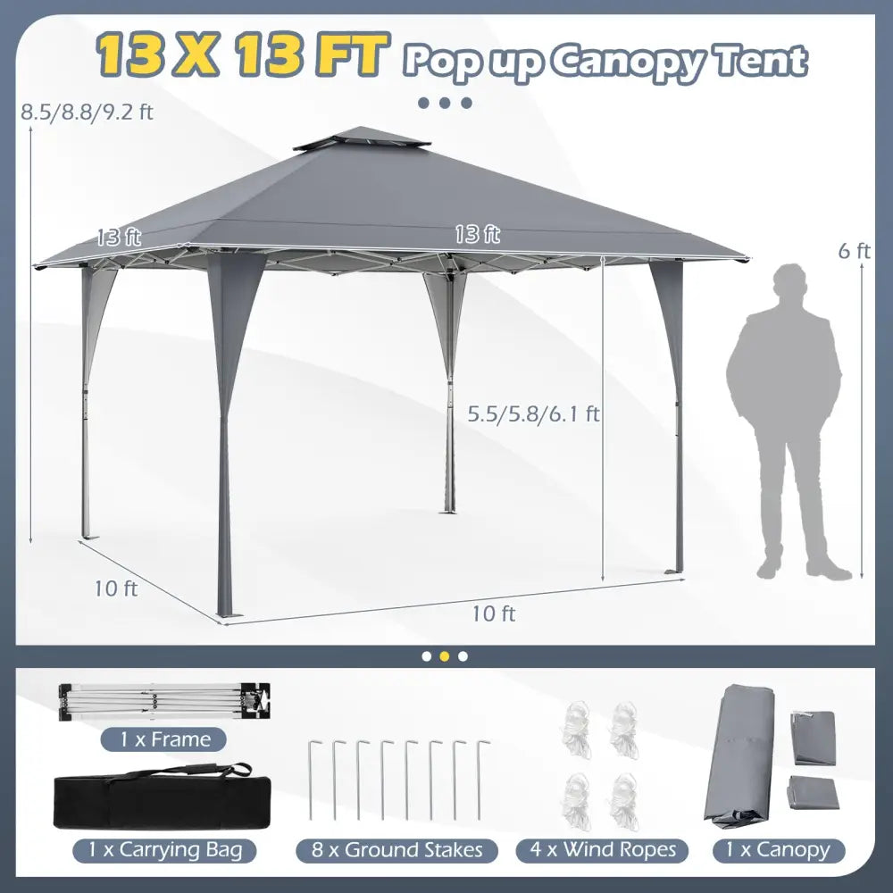 13 X 13 FT Pop up Gazebo with Portable Carrying Bag 8 Stakes and 4 Wind Ropes-Gray - Gray - Gazebos