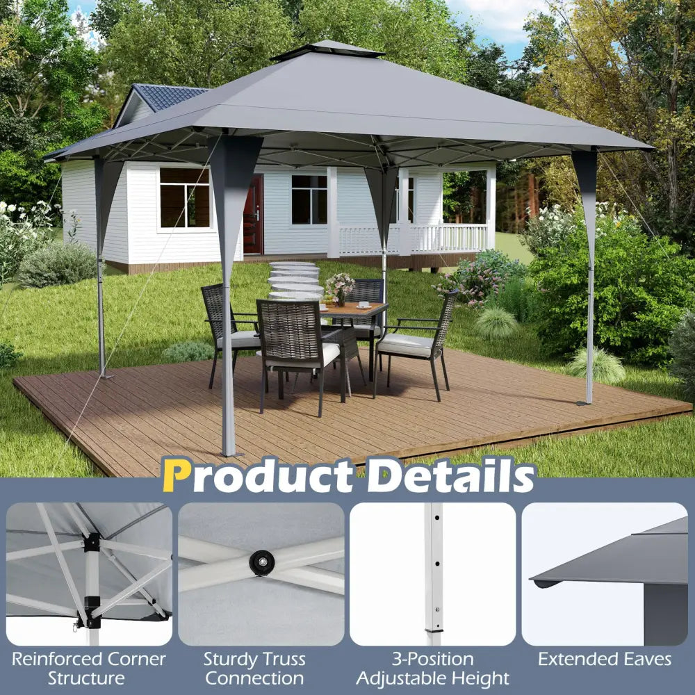 13 X 13 FT Pop up Gazebo with Portable Carrying Bag 8 Stakes and 4 Wind Ropes-Gray - Gray - Gazebos