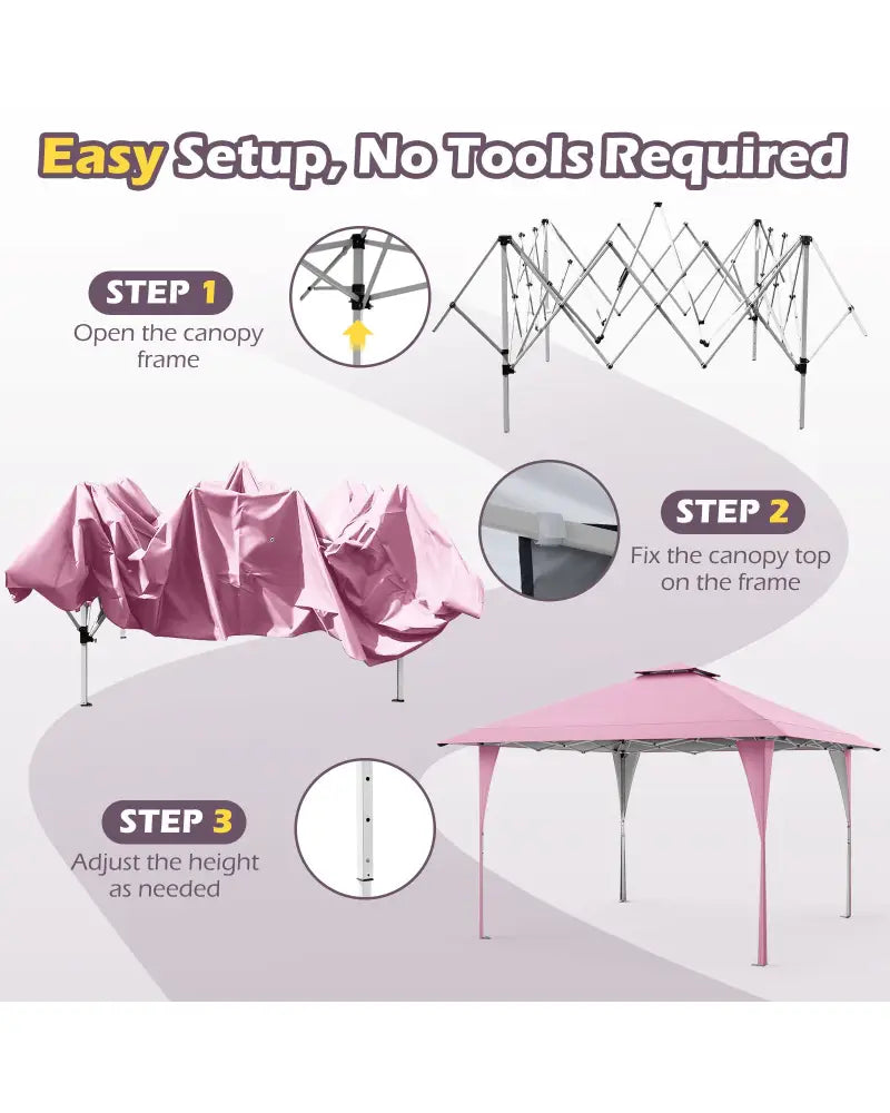 13 X 13 FT Pop up Gazebo with Portable Carrying Bag 8 Stakes and 4 Wind Ropes-Pink - Pink - Gazebos