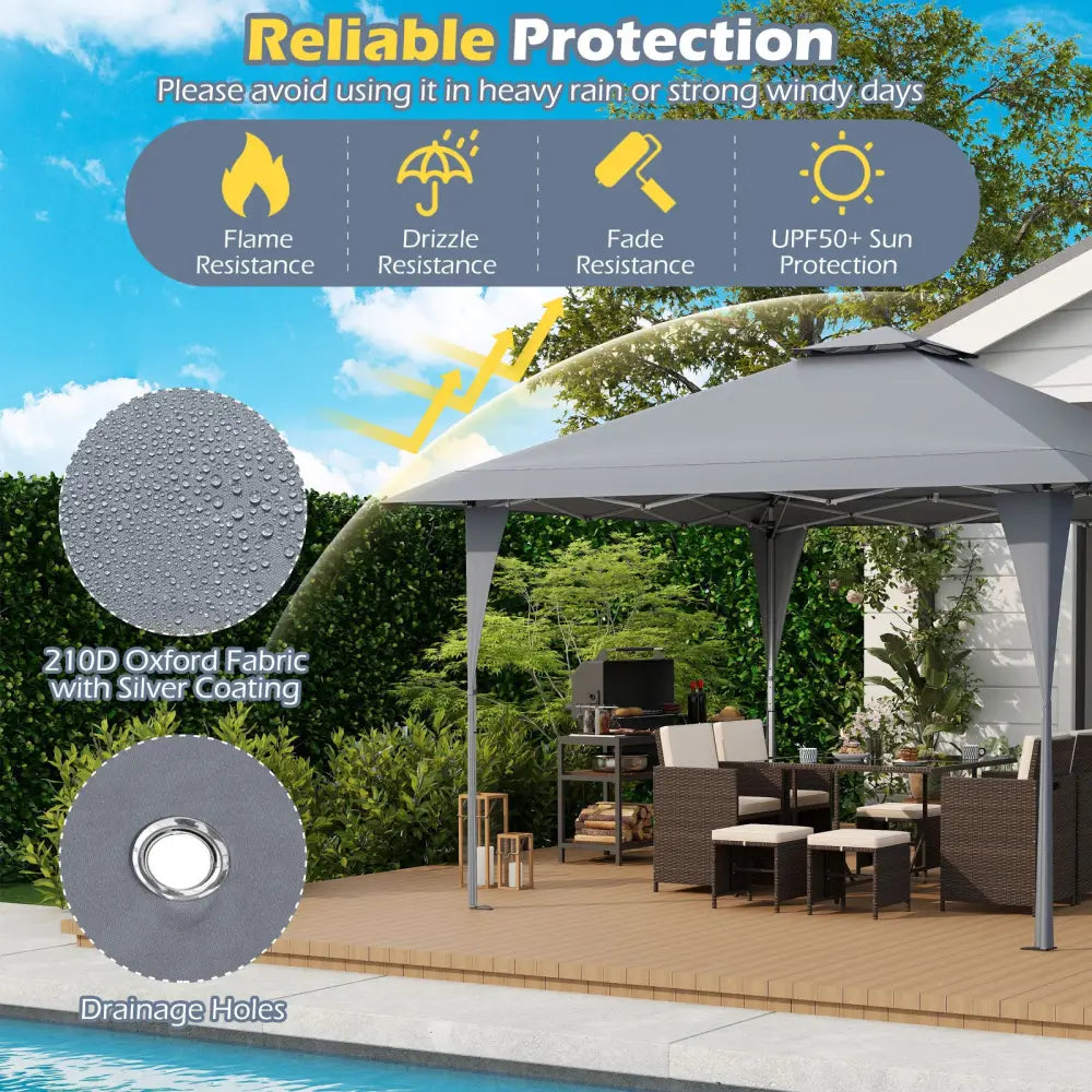 13 X 13 FT Pop up Gazebo with Portable Carrying Bag 8 Stakes and 4 Wind Ropes-Gray - Gray - Gazebos