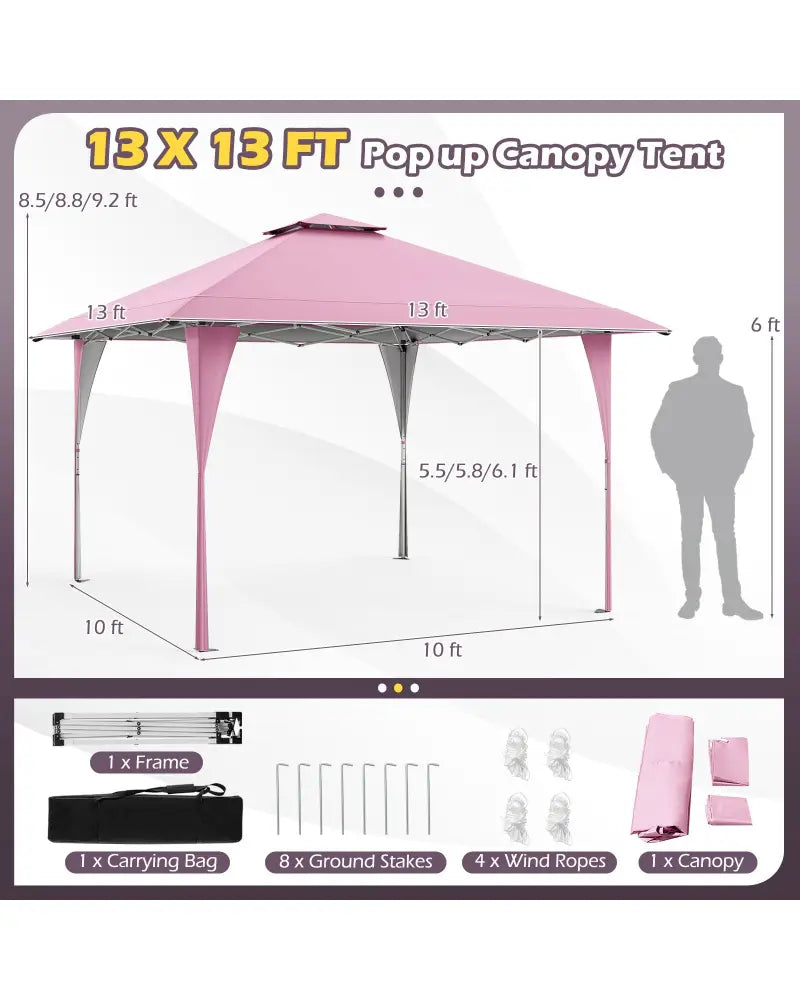 13 X 13 FT Pop up Gazebo with Portable Carrying Bag 8 Stakes and 4 Wind Ropes-Pink - Pink - Gazebos
