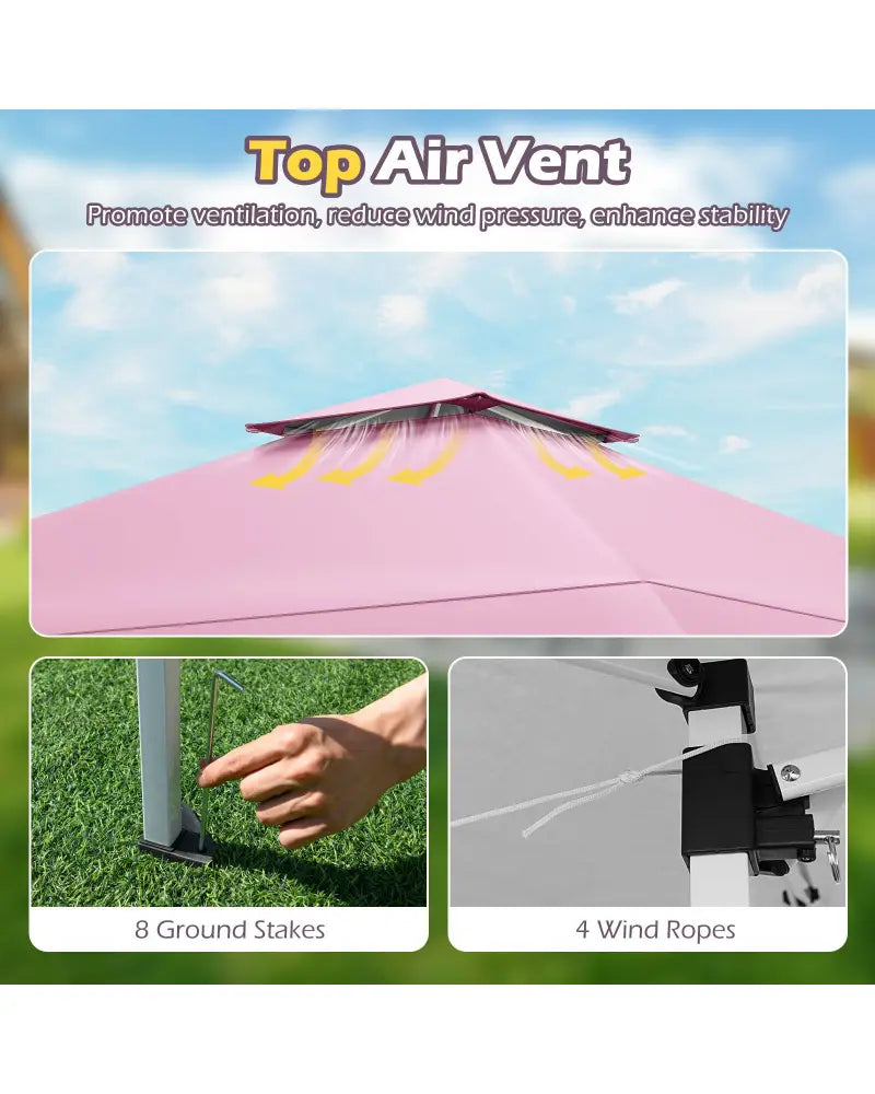 13 X 13 FT Pop up Gazebo with Portable Carrying Bag 8 Stakes and 4 Wind Ropes-Pink - Pink - Gazebos
