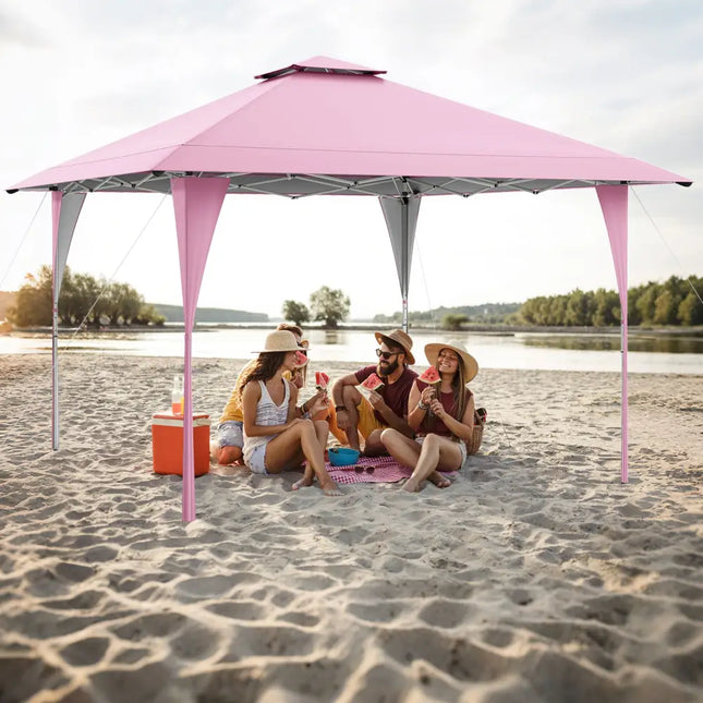 13 X 13 FT Pop up Gazebo with Portable Carrying Bag 8 Stakes and 4 Wind Ropes-Pink - Pink - Gazebos