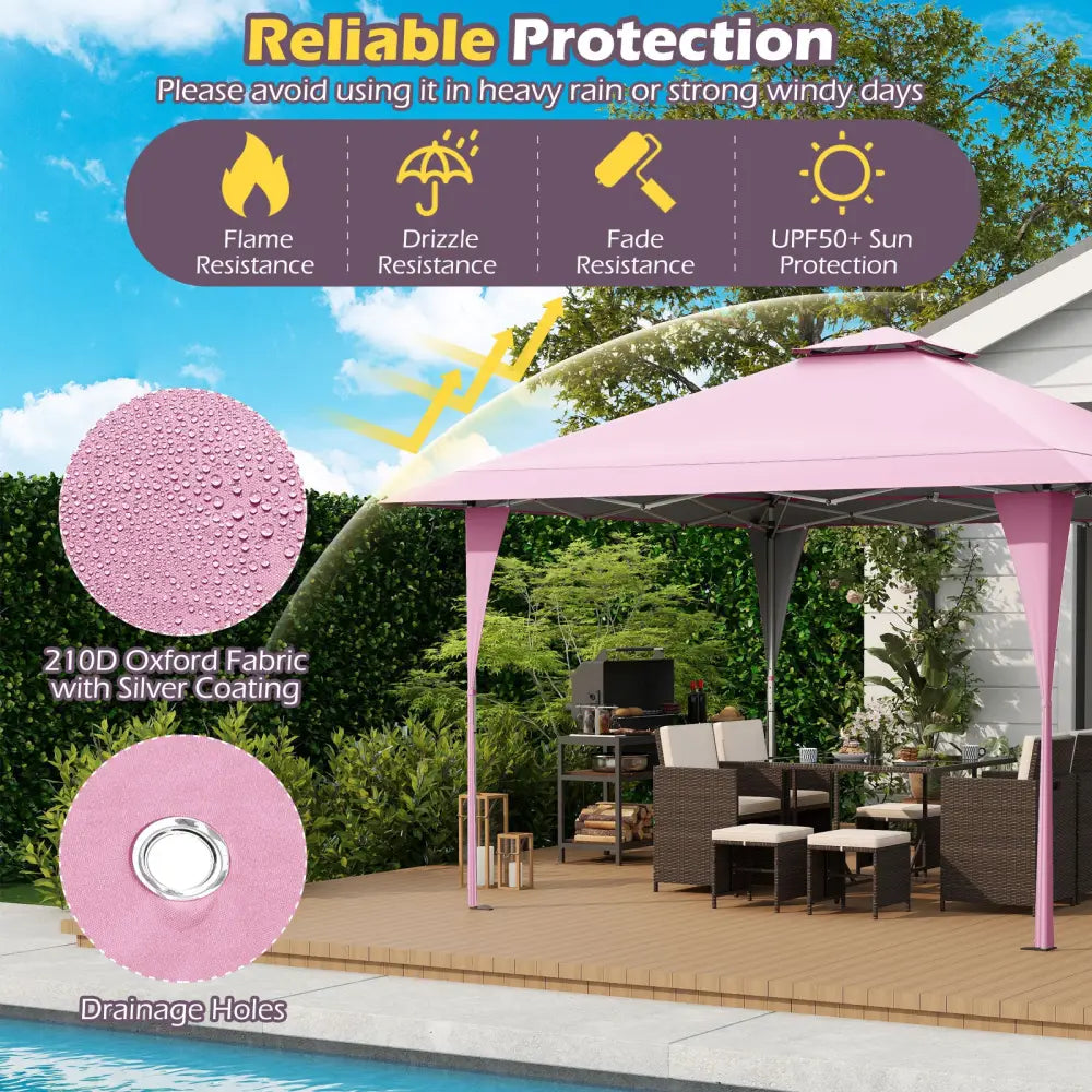 13 X 13 FT Pop up Gazebo with Portable Carrying Bag 8 Stakes and 4 Wind Ropes-Pink - Pink - Gazebos