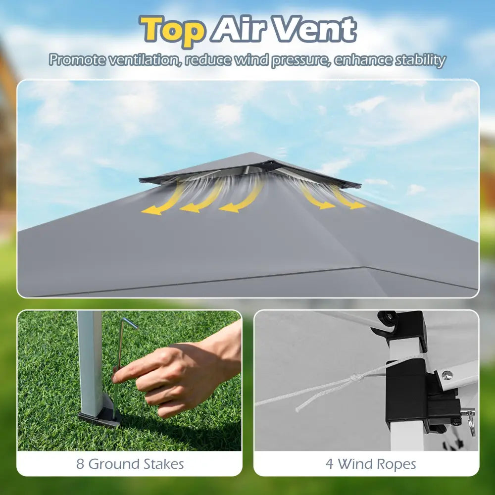 13 X 13 FT Pop up Gazebo with Portable Carrying Bag 8 Stakes and 4 Wind Ropes-Gray - Gray - Gazebos