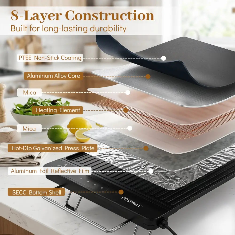 1300W Indoor Electric Grill with Removable Touch Panel-Black - Black - Kitchen Appliances
