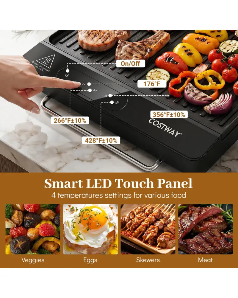 1300W Indoor Electric Grill with Removable Touch Panel-Black - Black - Kitchen Appliances