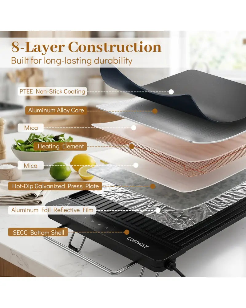 1300W Indoor Electric Grill with Removable Touch Panel-Black - Black - Kitchen Appliances