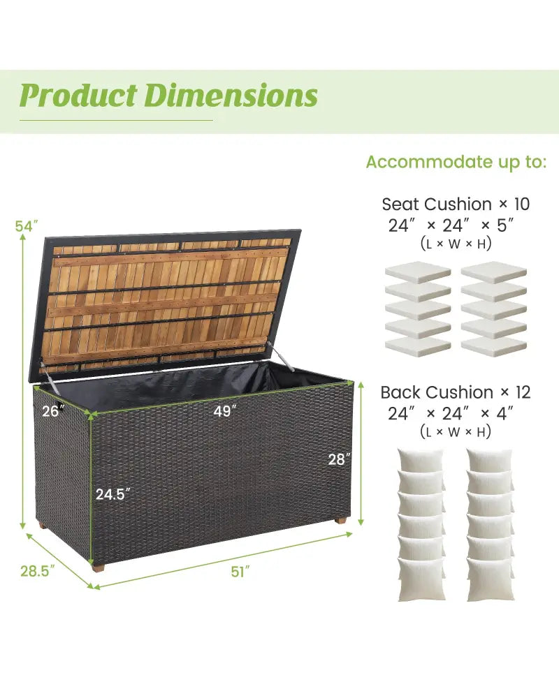 134 Gallon Rattan Storage Box with Zippered Liner and Solid Acacia Wood Top - Brown - Sheds & Outdoor Storage