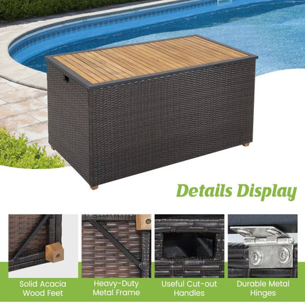 134 Gallon Rattan Storage Box with Zippered Liner and Solid Acacia Wood Top - Brown - Sheds & Outdoor Storage