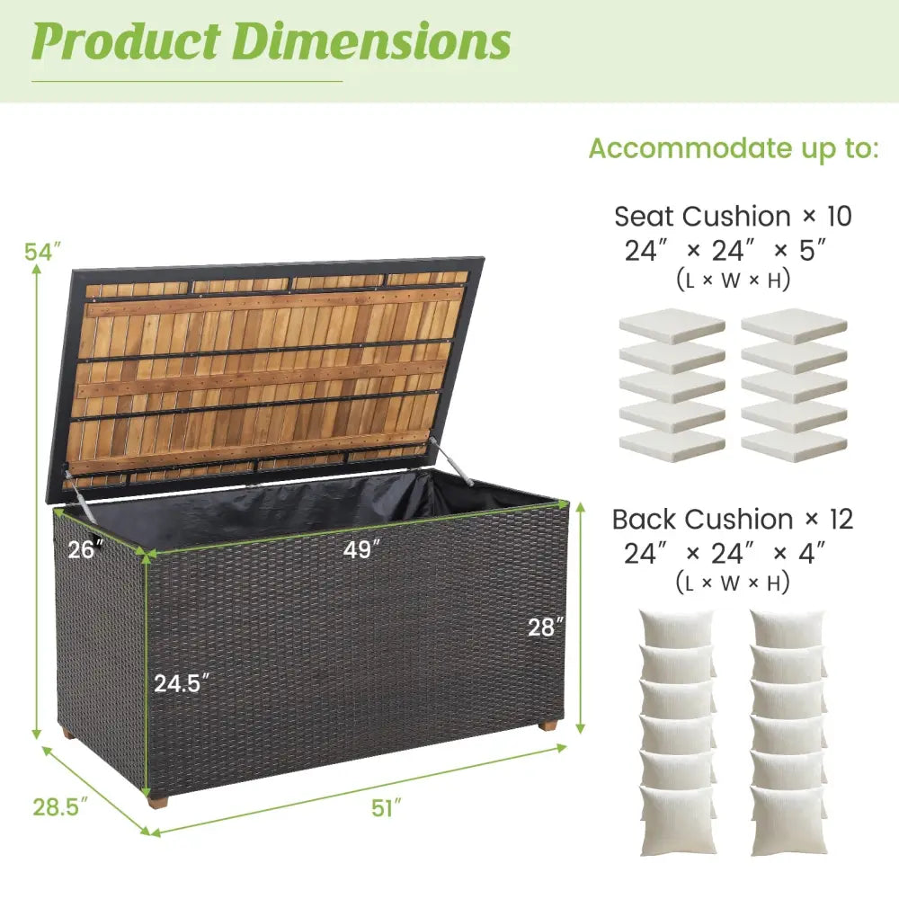 134 Gallon Rattan Storage Box with Zippered Liner and Solid Acacia Wood Top - Brown - Sheds & Outdoor Storage