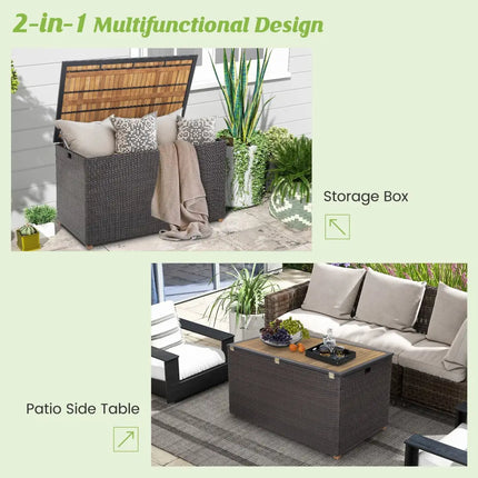 134 Gallon Rattan Storage Box with Zippered Liner and Solid Acacia Wood Top - Brown - Sheds & Outdoor Storage