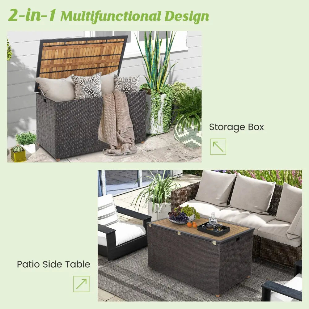 134 Gallon Rattan Storage Box with Zippered Liner and Solid Acacia Wood Top - Brown - Sheds & Outdoor Storage