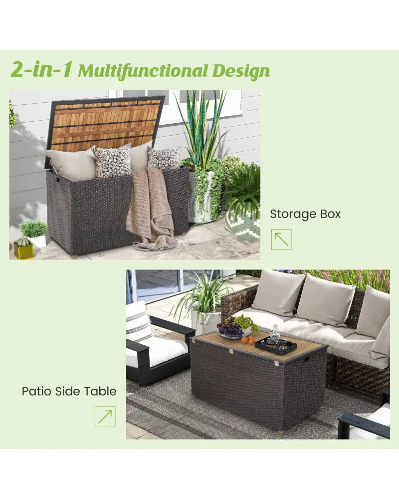 134 Gallon Rattan Storage Box with Zippered Liner and Solid Acacia Wood Top - Brown - Sheds & Outdoor Storage