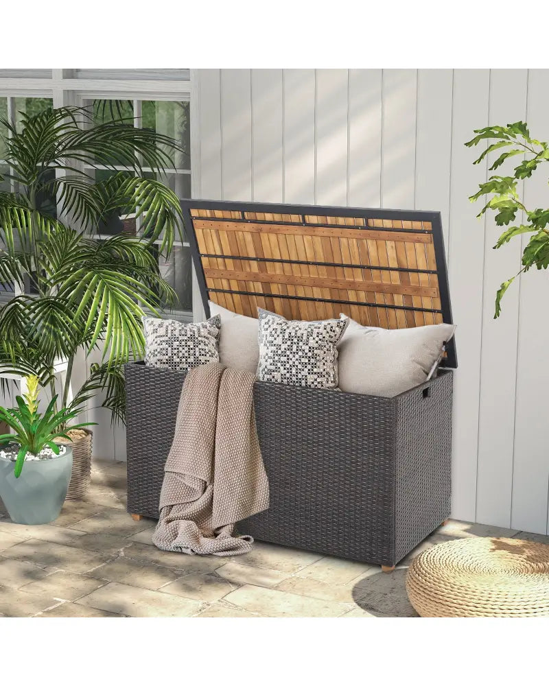 134 Gallon Rattan Storage Box with Zippered Liner and Solid Acacia Wood Top - Brown - Sheds & Outdoor Storage